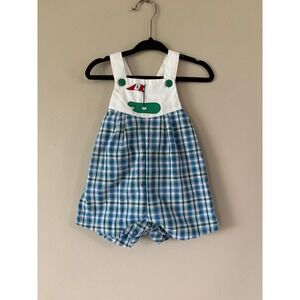 Vintage Baby Boys Golf Plaid Sunsuit Romper Blue Green 12 Months Applique